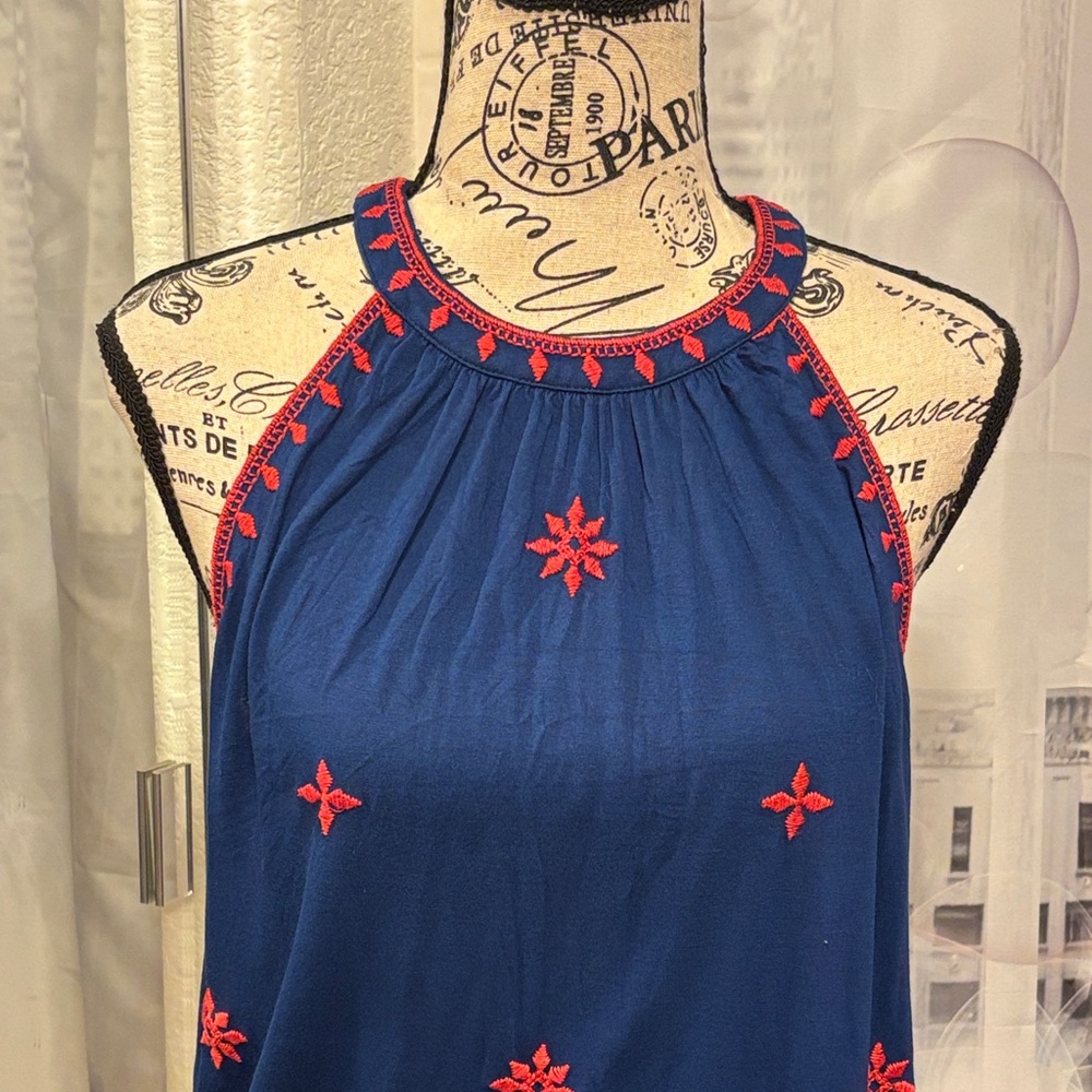 LOFT Blue and Red "Fireworks" Embroidered Halter Top - Picture 5 of 7
